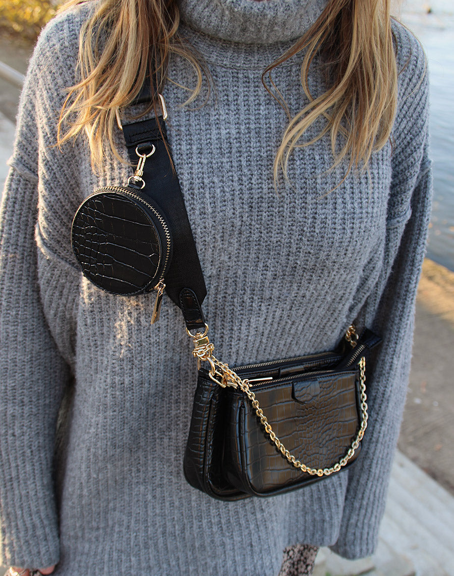 Multiples pochettes effet croco noir