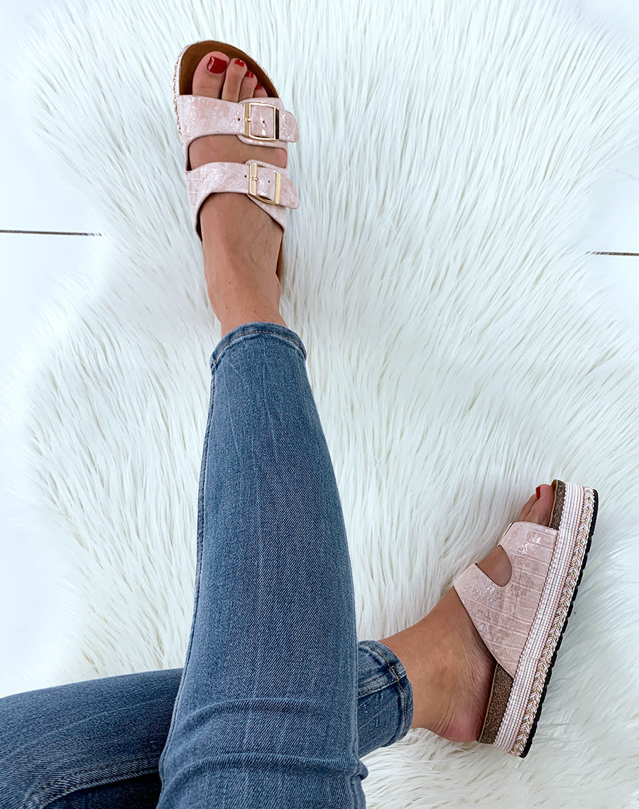 Nu-pied roses à semelle plateforme style ethnique