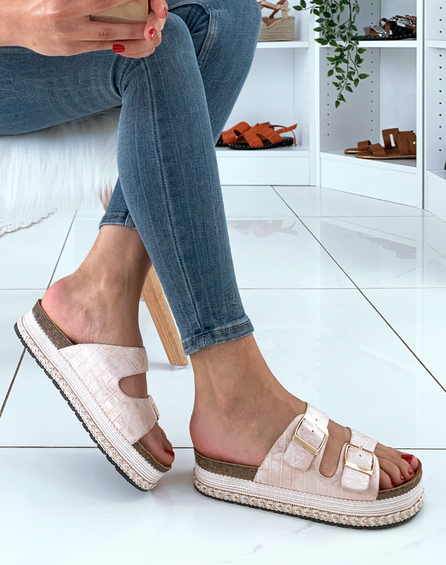 Nu-pied roses à semelle plateforme style ethnique