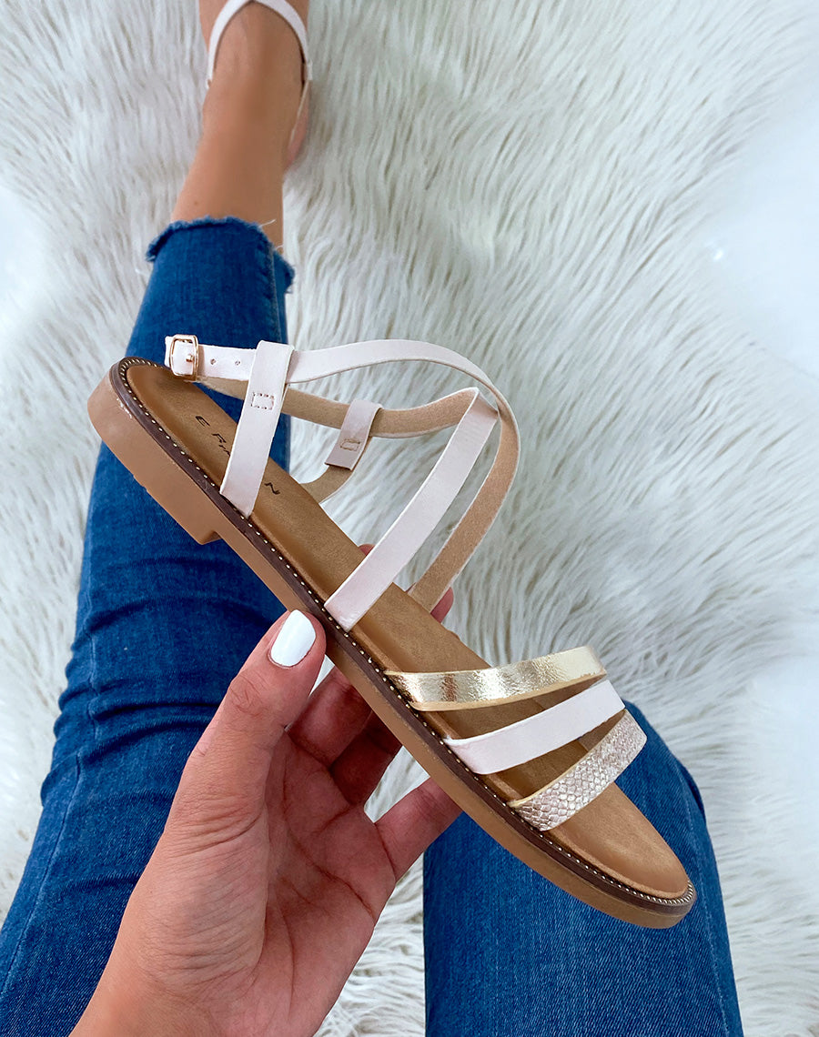 Nu-pieds beige à multiples brides et motif animalier