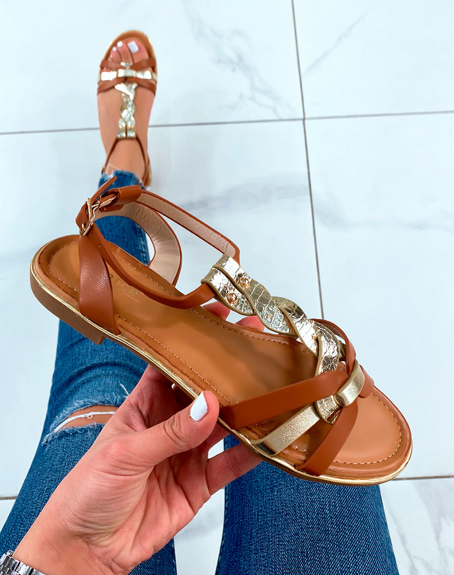 Nu-pieds camel à double brides torsadées