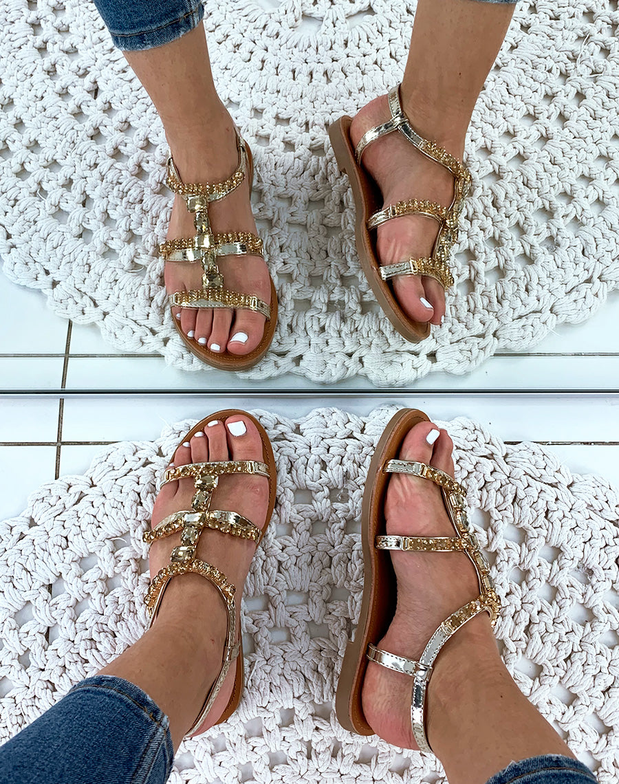 Nu-pieds dorée à pierres fantaisistes