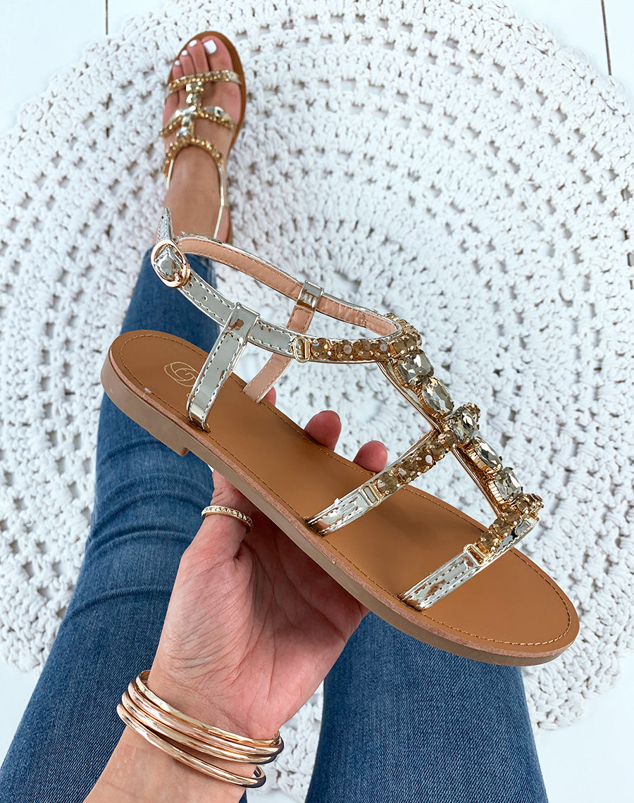 Nu-pieds dorée à pierres fantaisistes