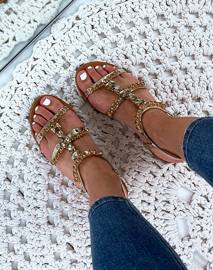 Nu-pieds dorée à pierres fantaisistes