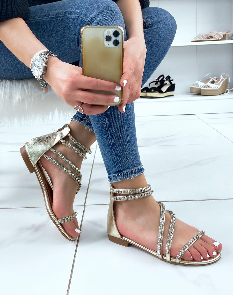 Nu-pieds dorés à lanières à strass et fermeture à zip