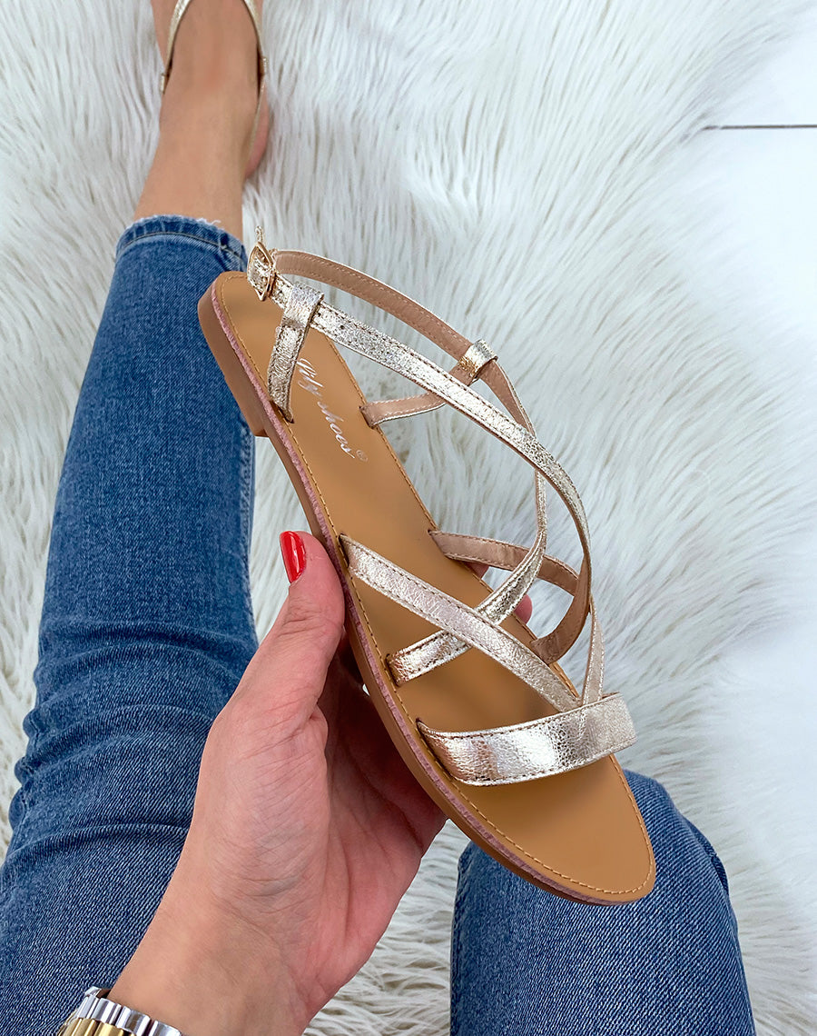 Nu-pieds dorés à multiples brides bi-colore