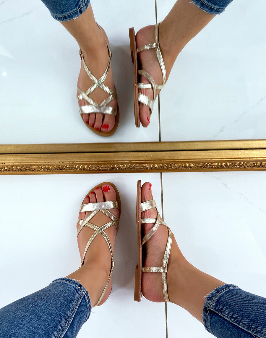 Nu-pieds dorés à multiples brides bi-colore