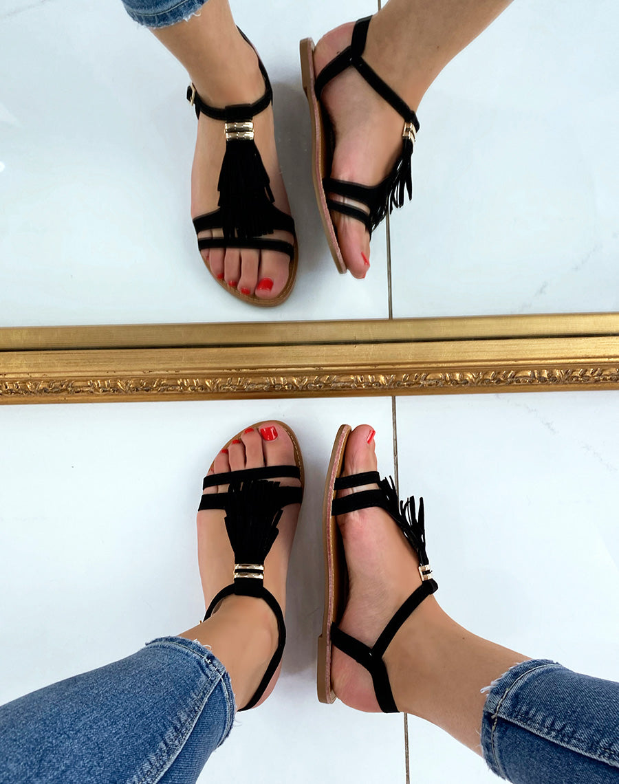 Nu-pieds en suédine noire à franges et détail doré