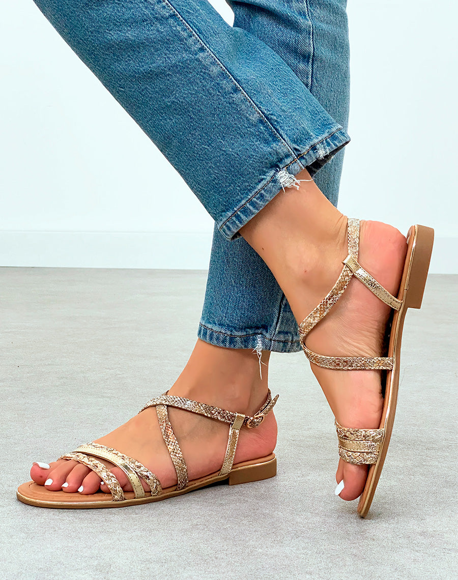 Nu-pieds Femme effet serpent à multiples brides à détail dorée et corde