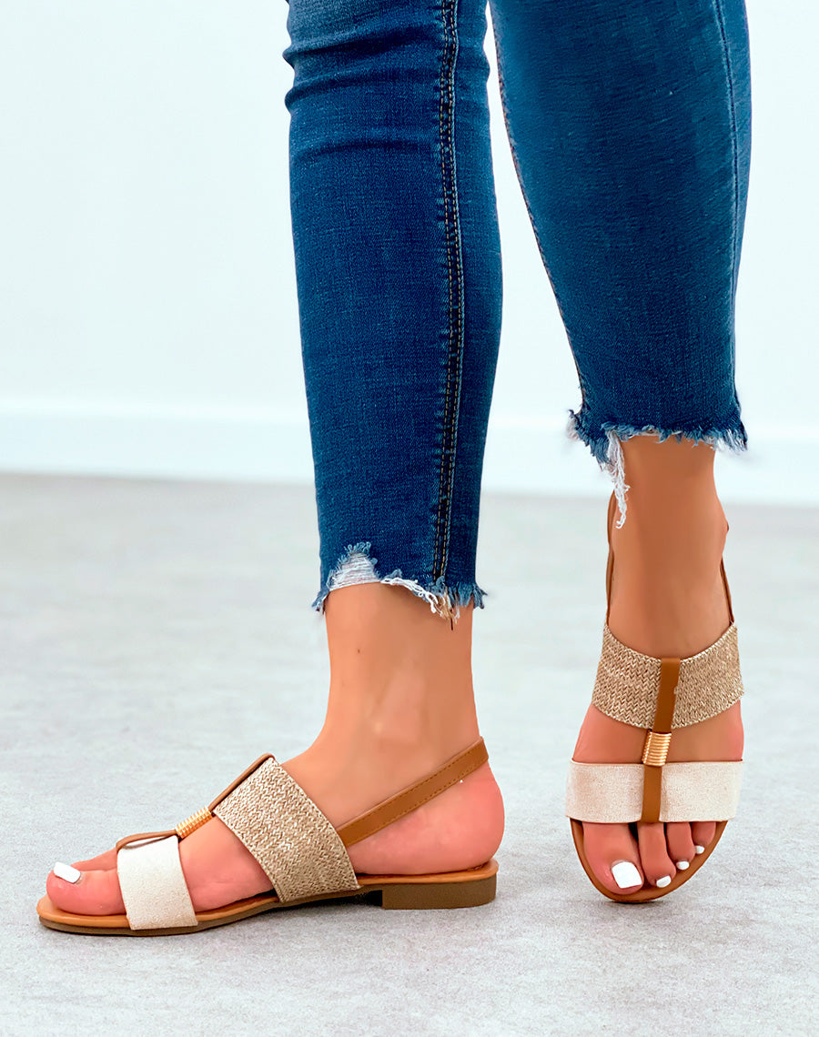 Nu-pieds à grosses lanières beige et toile de jute