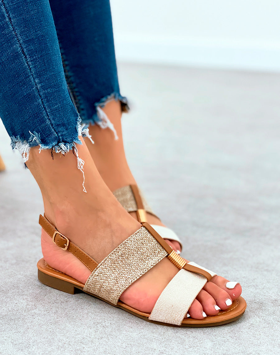 Nu-pieds à grosses lanières beige et toile de jute