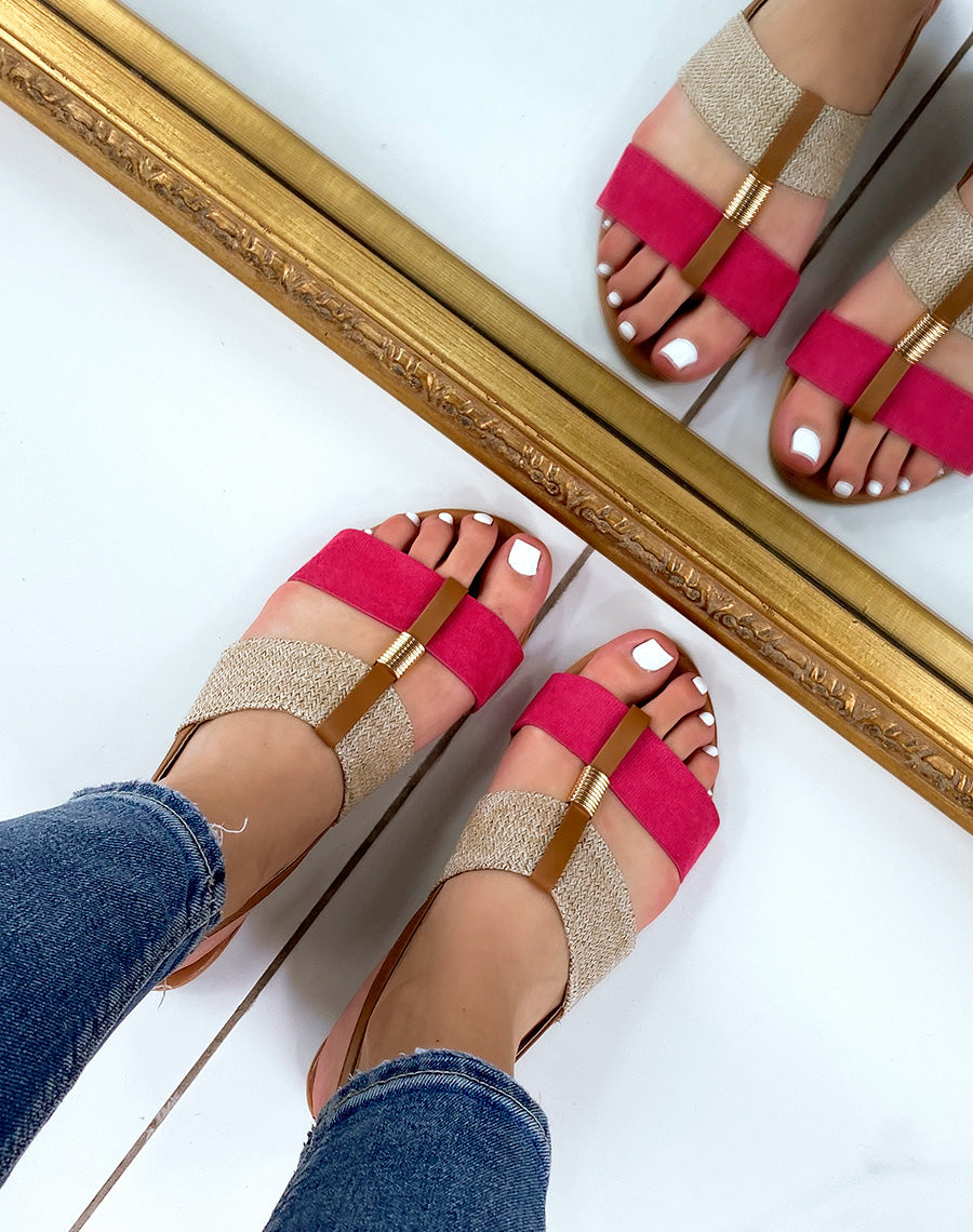 Nu-pieds à grosses lanières fushia et toile de jute