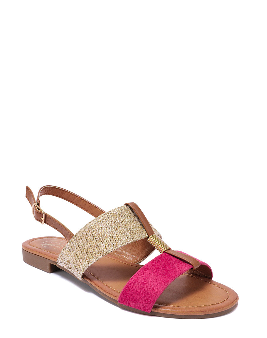 Nu-pieds à grosses lanières fushia et toile de jute