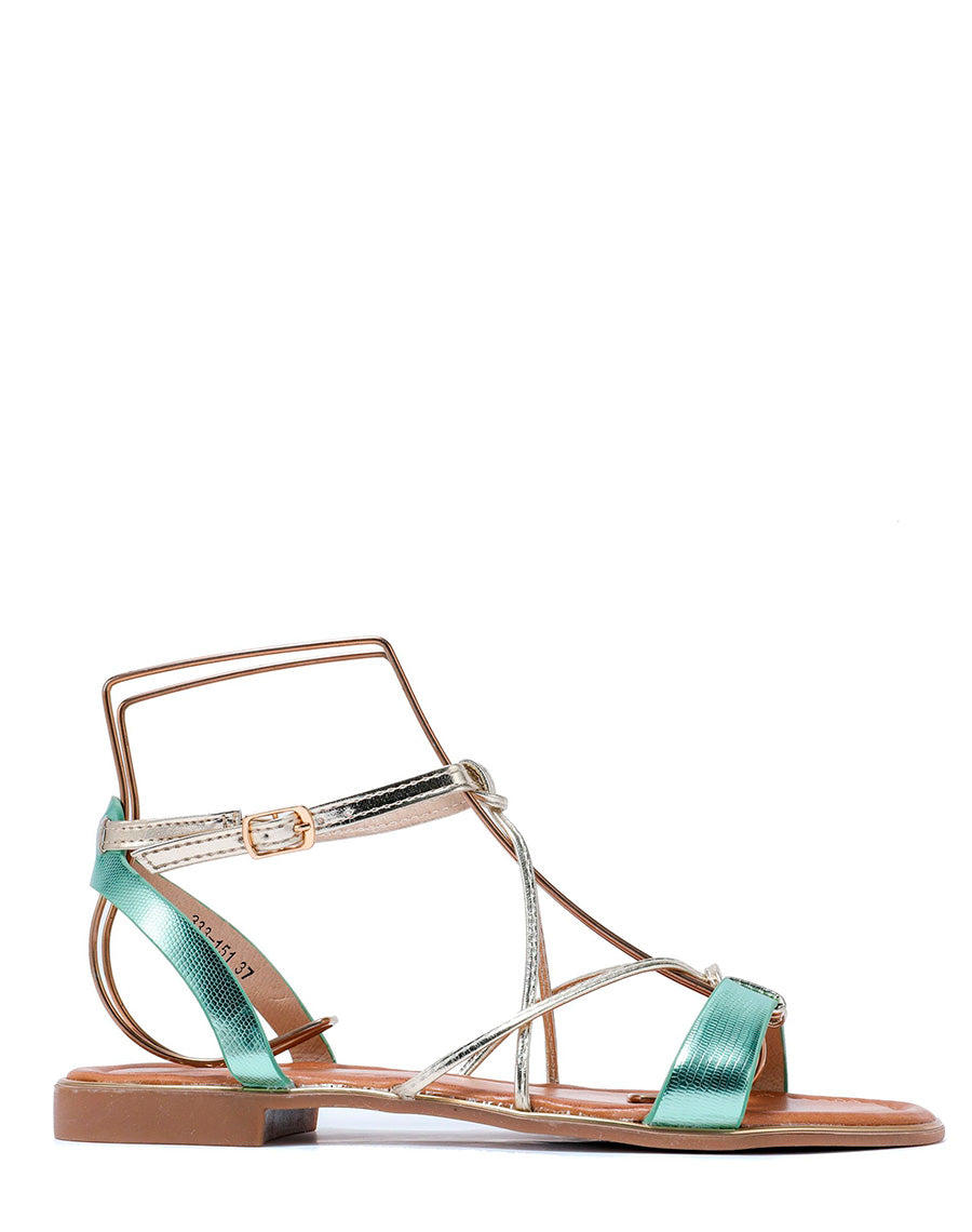 Nu-pieds à lanières vertes et dorées