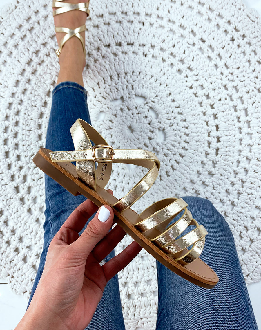 Nu-pieds à multiples sangles dorées