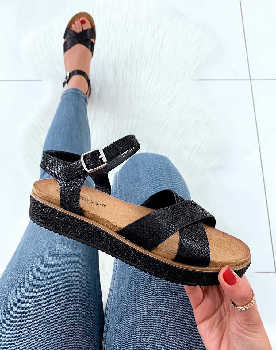 Nu-pieds noires peau de serpent