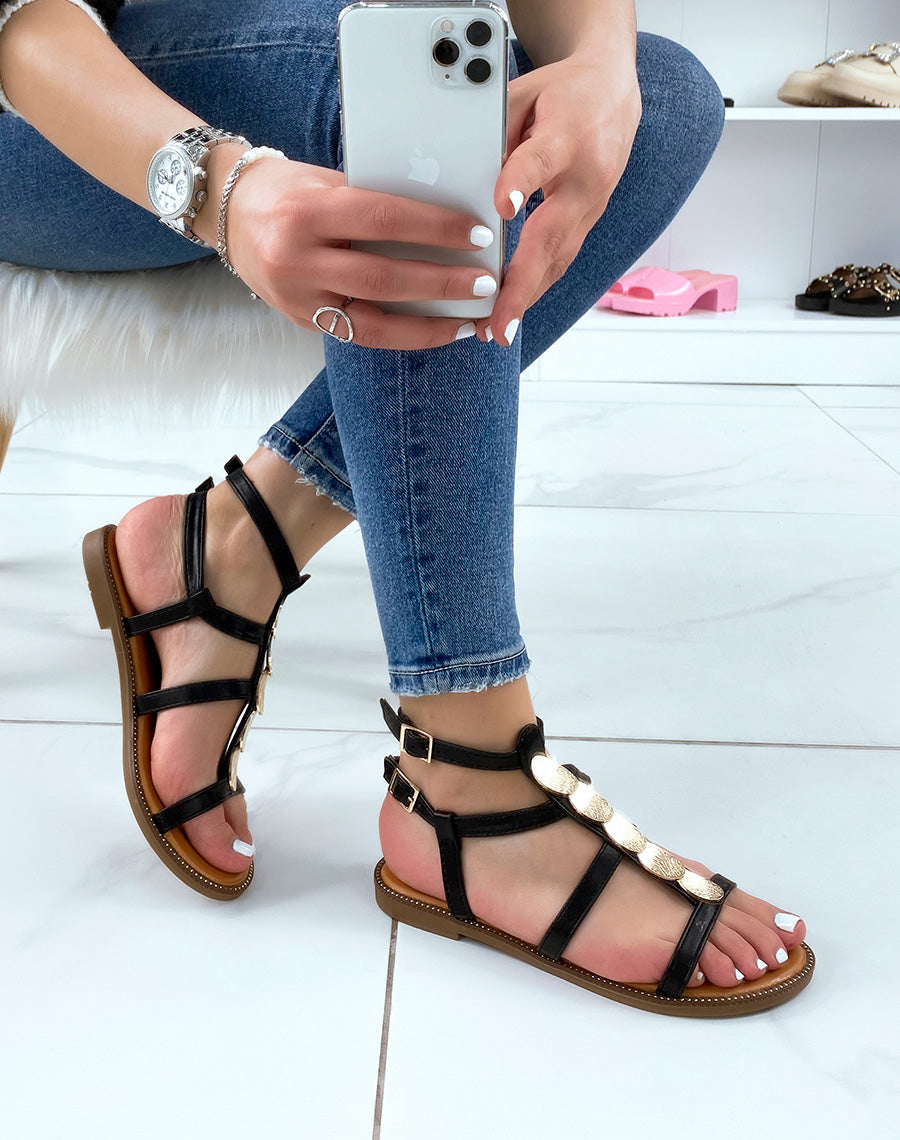 Nu-pieds noires à pièces dorés et multiples brides