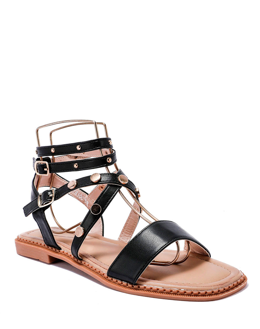 Nu-pieds noirs à clous rond dorés