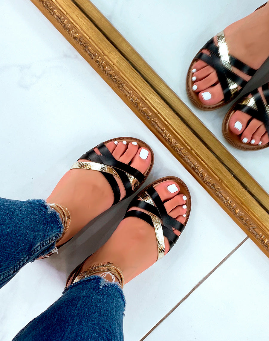 Nu-pieds noirs et dorés effet croco