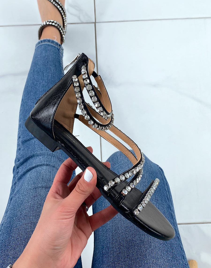 Nu-pieds noirs à lanières à strass et fermeture à zip