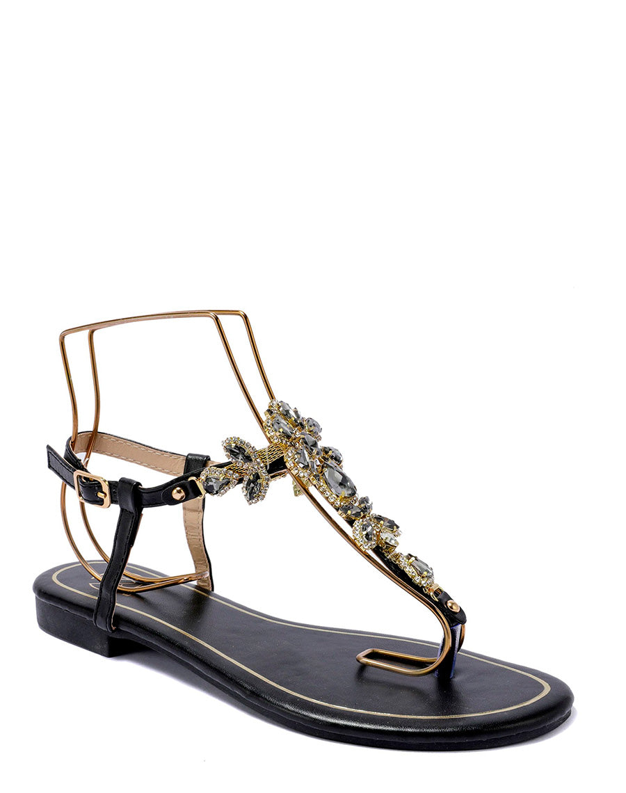 Nu-pieds noirs à multiples bijoux brillants noirs et dorés