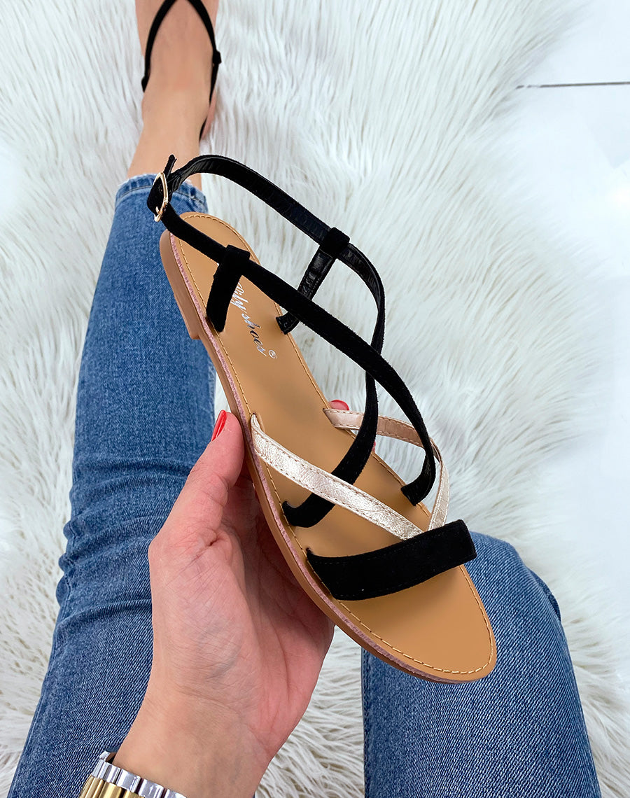 Nu-pieds noirs à multiples brides bi-colore