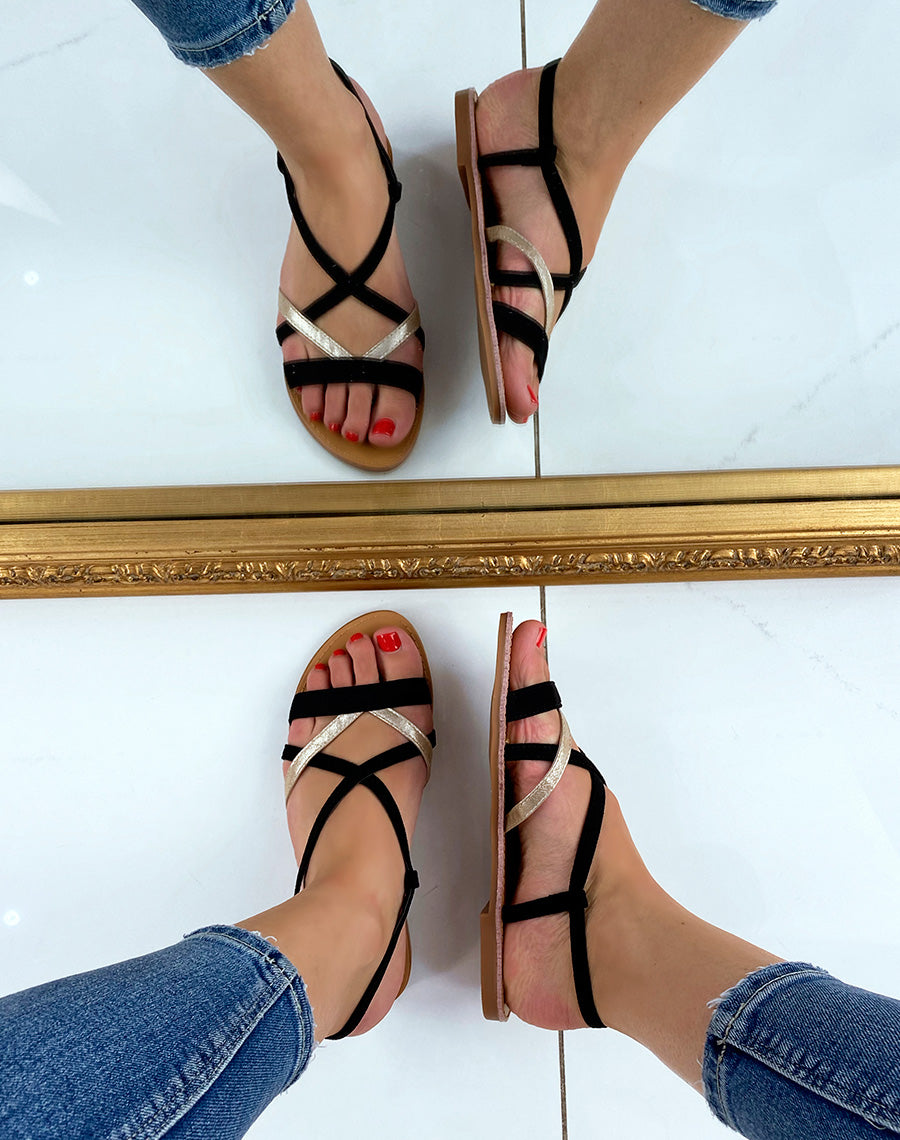 Nu-pieds noirs à multiples brides bi-colore