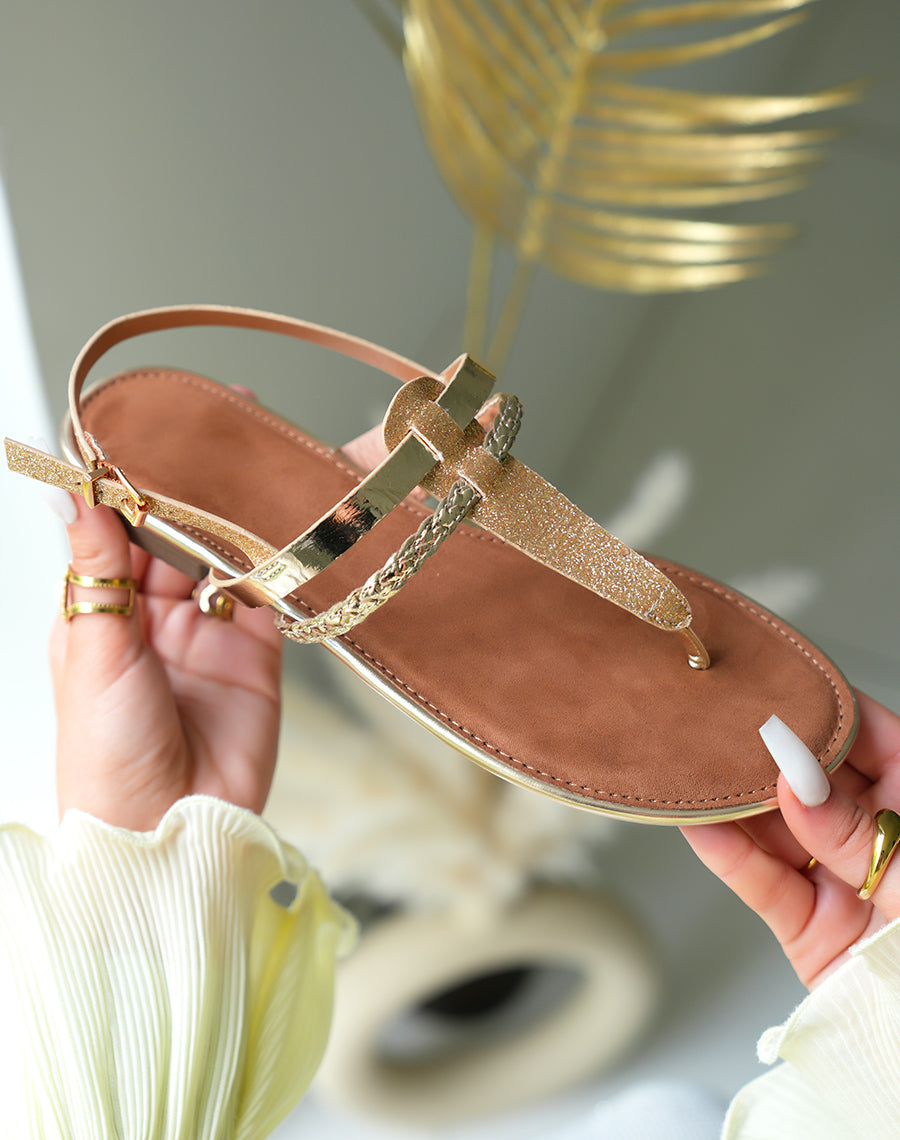 Nu-pieds plates femme dorés à bride tressée et sangle ajustable pailletée