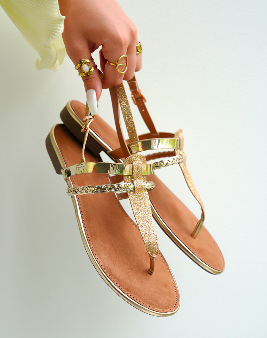 Nu-pieds plates femme dorés à bride tressée et sangle ajustable pailletée