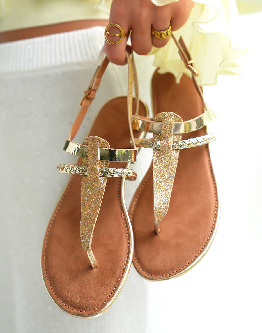 Nu-pieds plates femme dorés à bride tressée et sangle ajustable pailletée