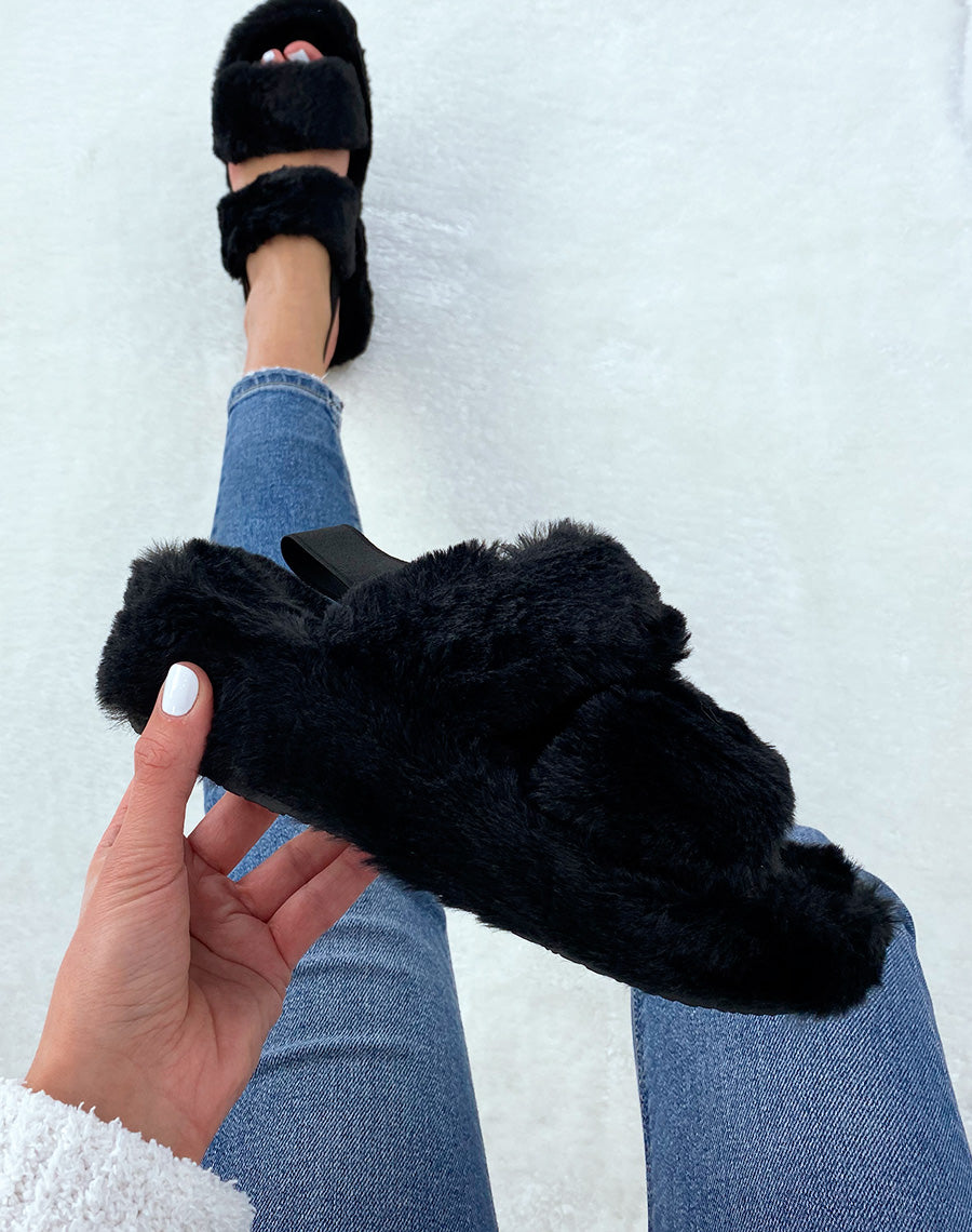 Pantoufles noires en fausse fourrure à double lanière