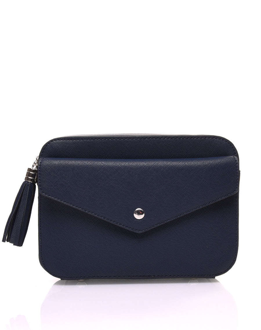Petit sac bandoulière texturé bleu marine et fermeture pompon