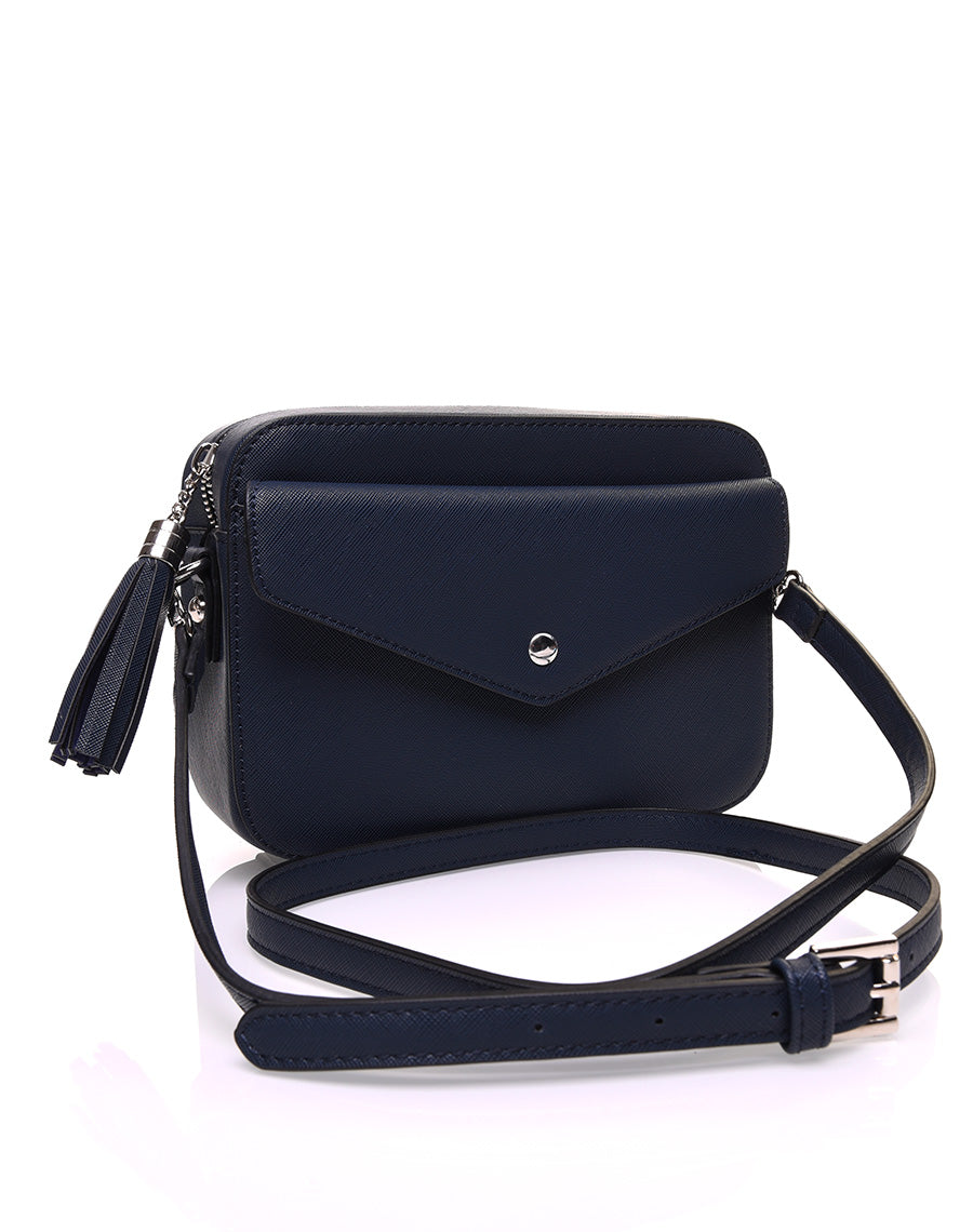 Petit sac bandoulière texturé bleu marine et fermeture pompon