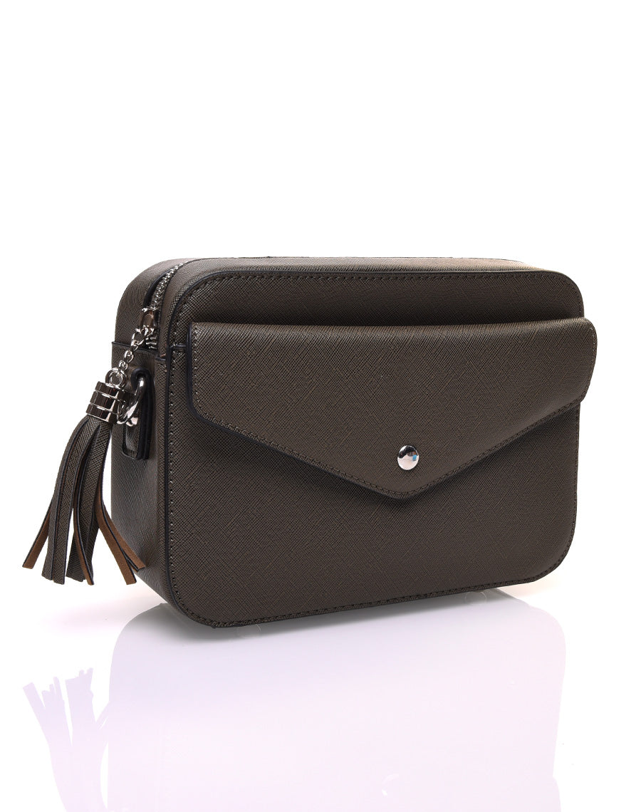 Petit sac bandoulière texturé kaki et fermeture pompon