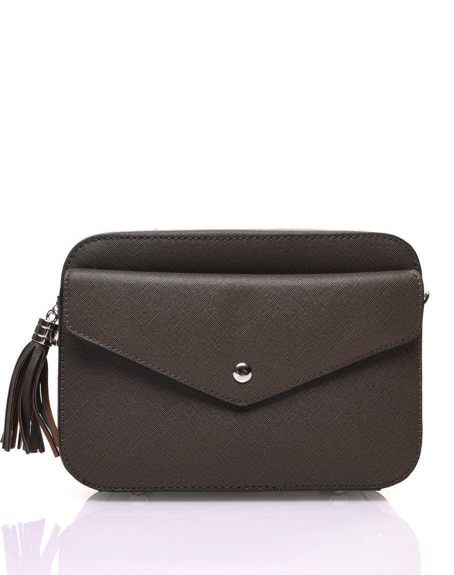 Petit sac bandoulière texturé kaki et fermeture pompon