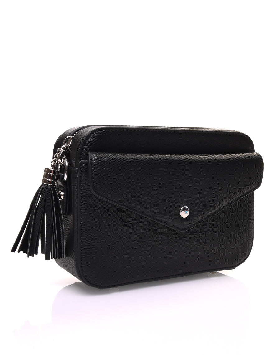 Petit sac bandoulière texturé noir et fermeture pompon