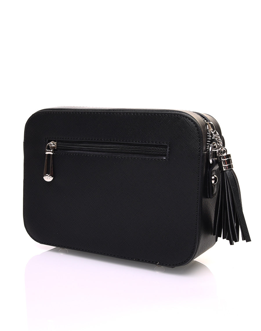 Petit sac bandoulière texturé noir et fermeture pompon