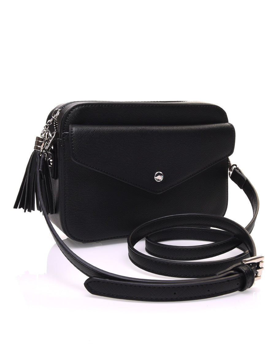 Petit sac bandoulière texturé noir et fermeture pompon