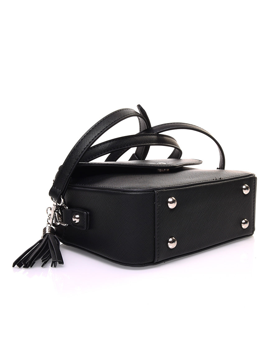 Petit sac bandoulière texturé noir et fermeture pompon