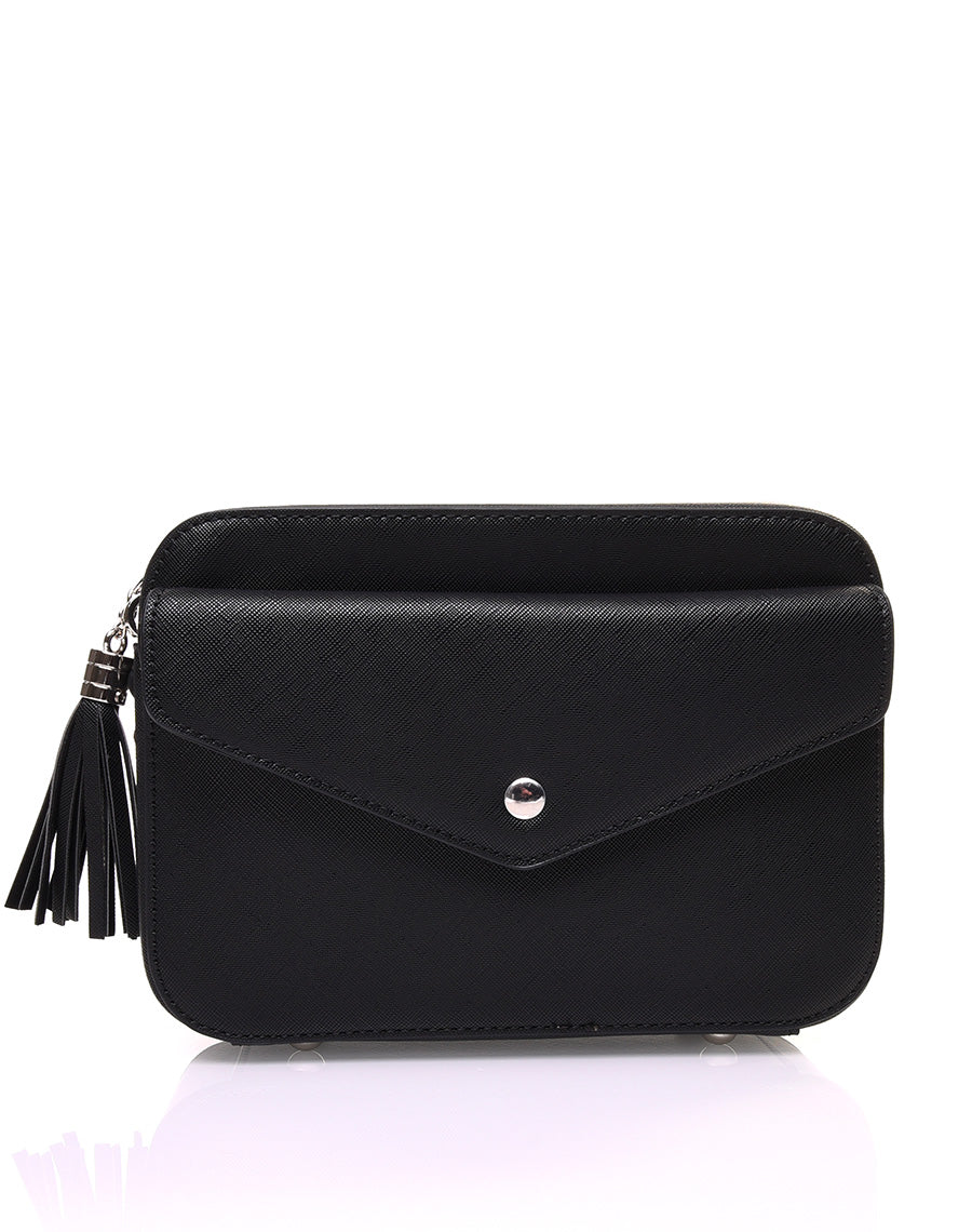 Petit sac bandoulière texturé noir et fermeture pompon