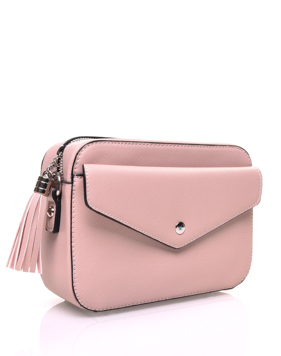 Petit sac bandoulière texturé rose poudré et fermeture pompon