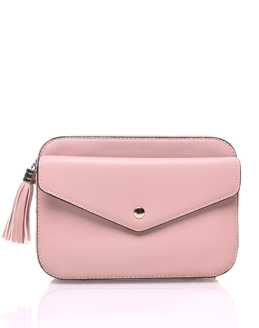 Petit sac bandoulière texturé rose poudré et fermeture pompon