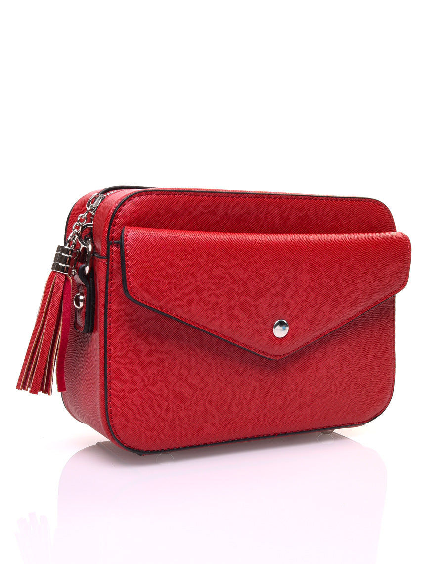 Petit sac bandoulière texturé rouge et fermeture pompon