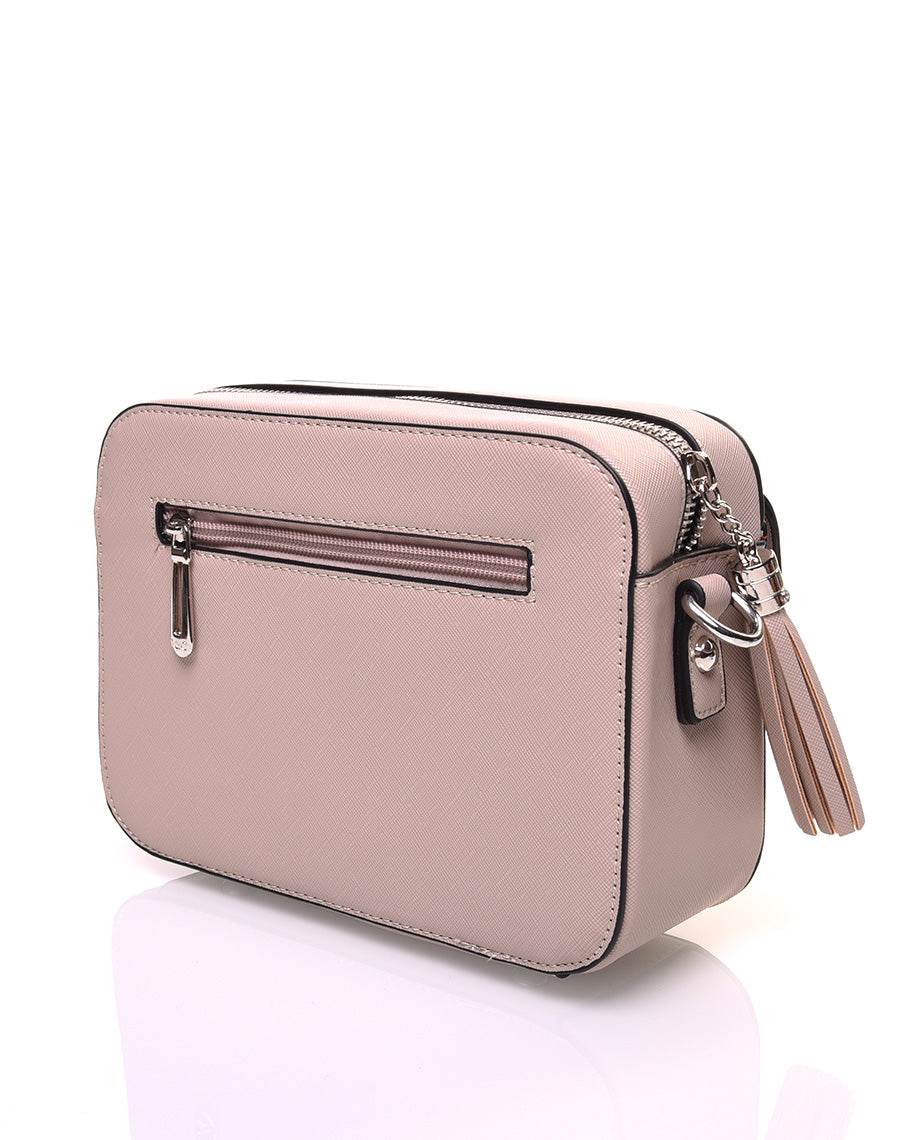 Petit sac bandoulière texturé taupe et fermeture pompon