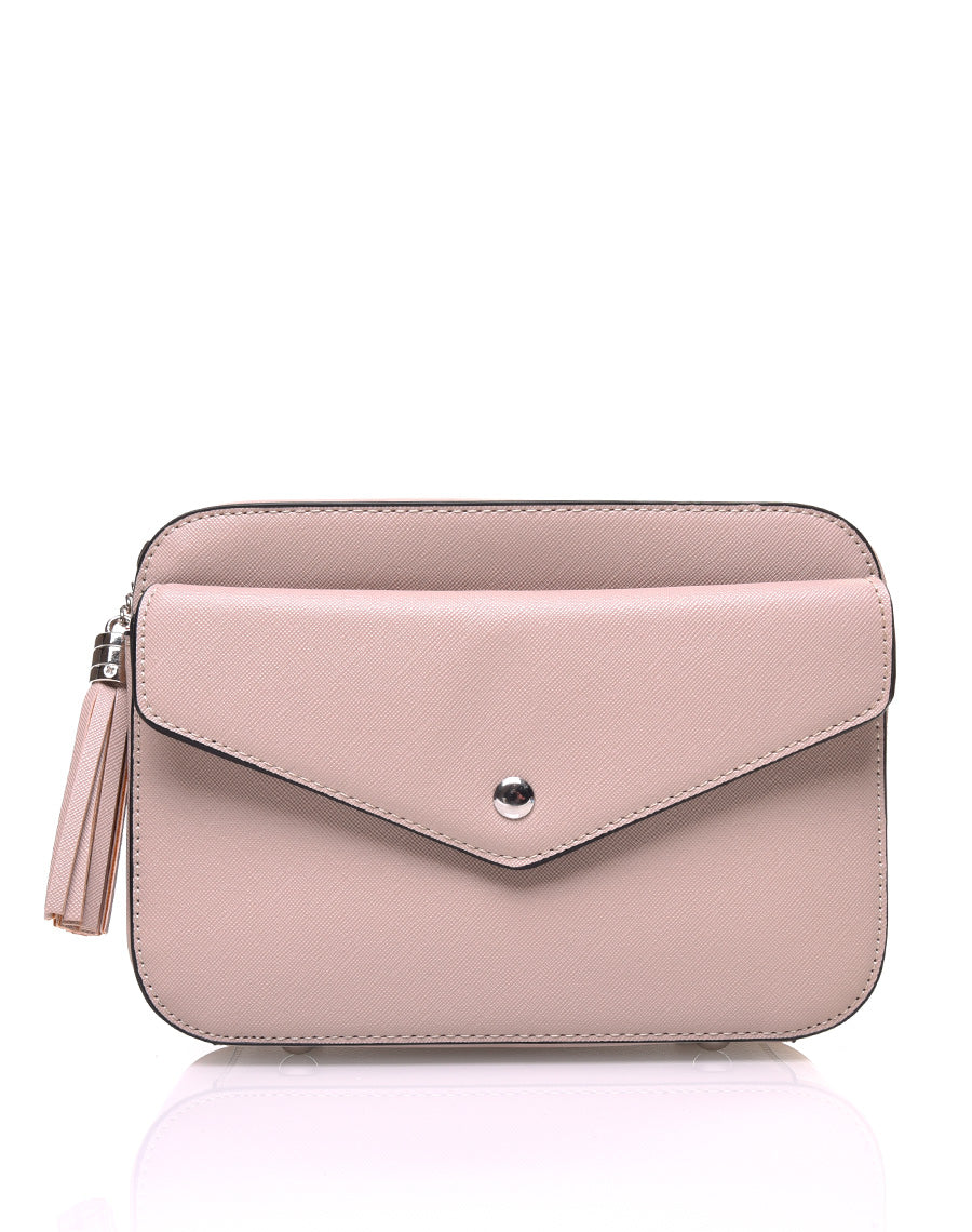 Petit sac bandoulière texturé taupe et fermeture pompon