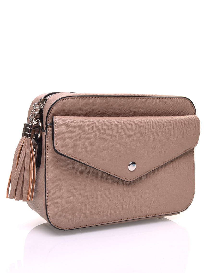 Petit sac bandoulière texturé taupe et fermeture pompon