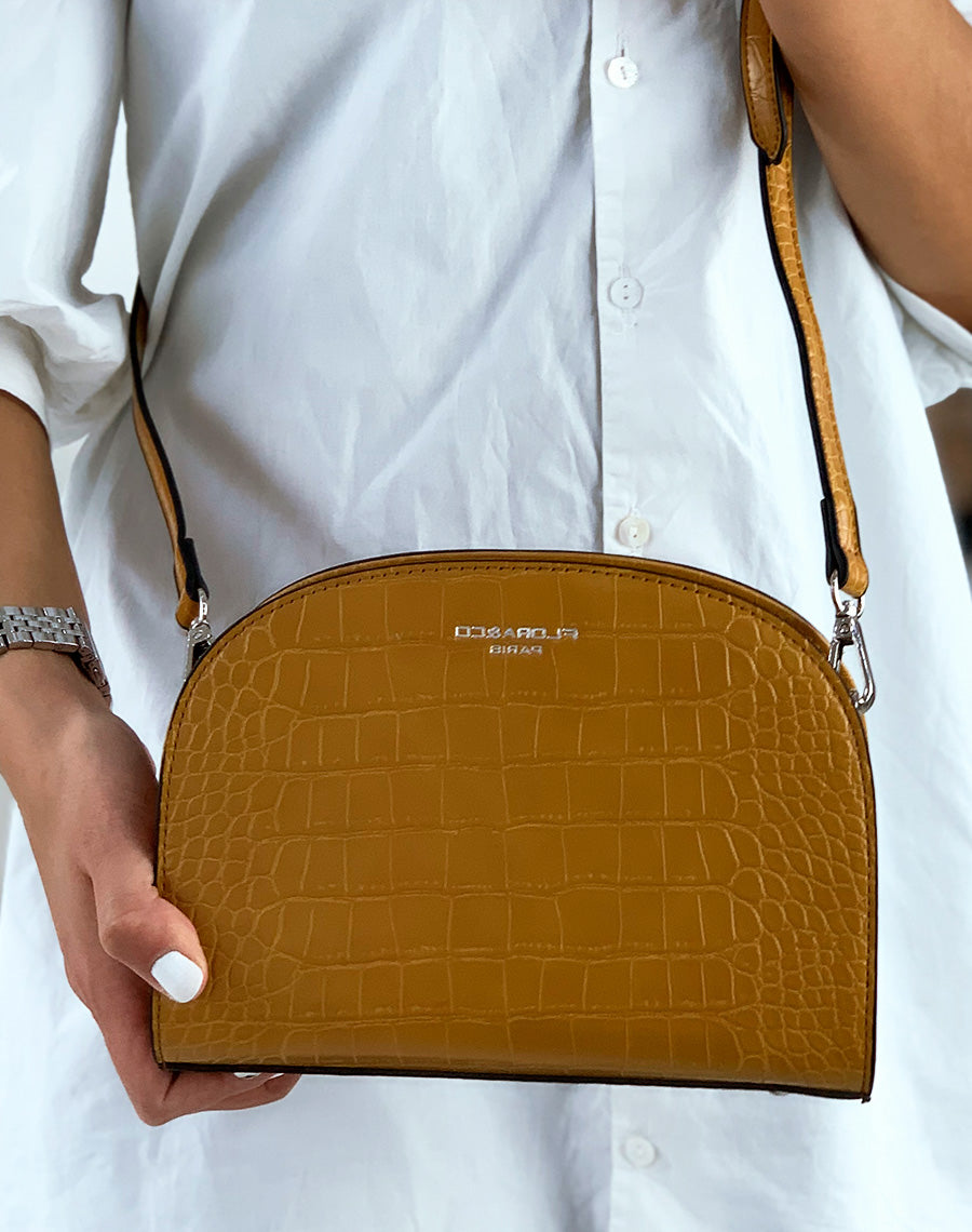 Pochette arrondie moutarde effet croco