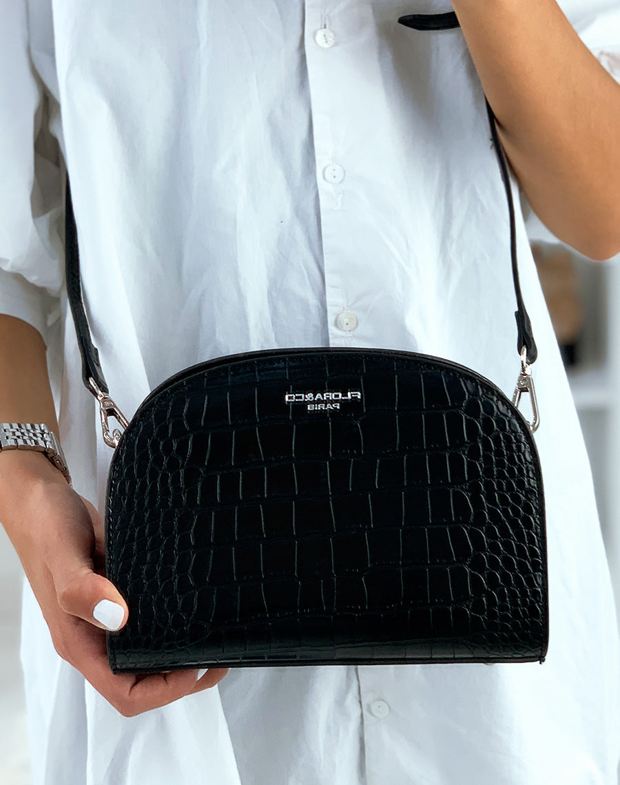 Pochette arrondie noire effet croco
