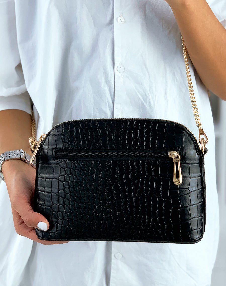 Pochette arrondie noire effet croco