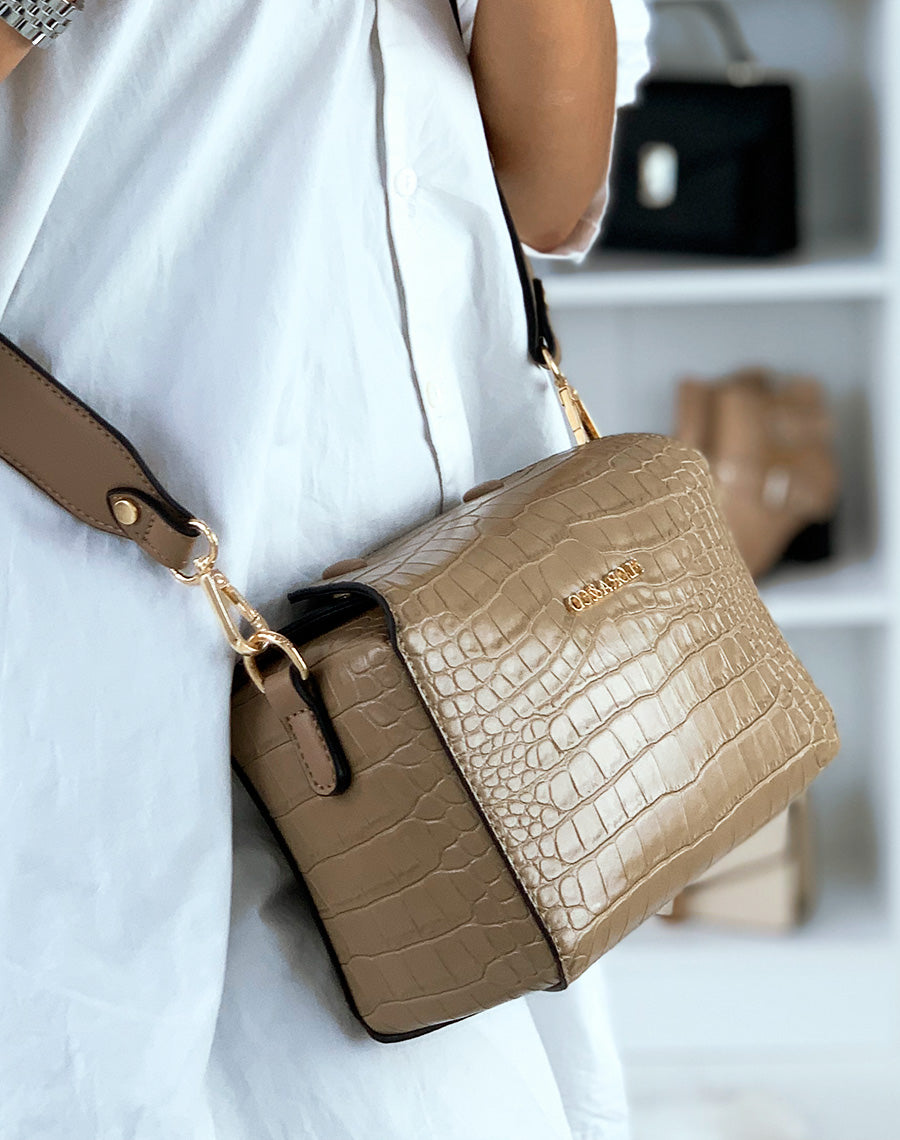 Pochette bandoulière carré effet croco beige taupe